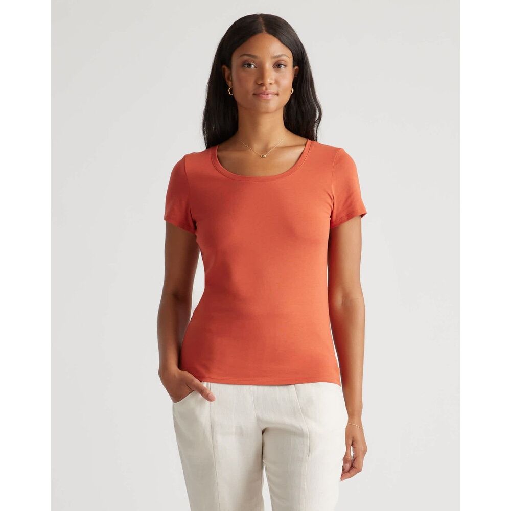 Quince Cotton Modal Scoop Neck Tee, Burnt Sienna, Size S